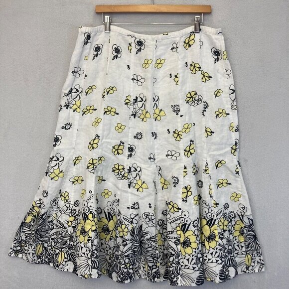 JM Collection 100%‎ Linen Midi Skirt Size 18 White Floral A-Line Western Summer - Picture 2 of 8
